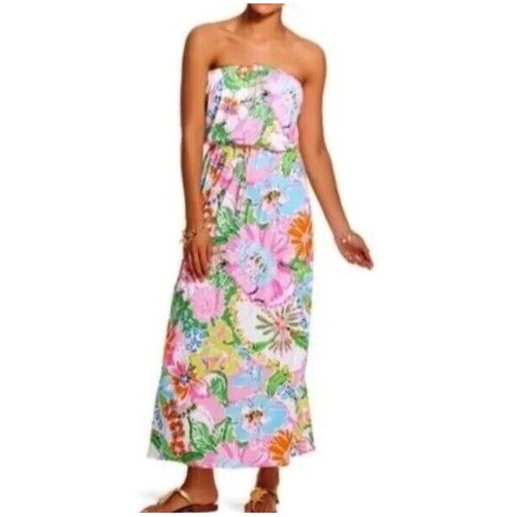Lilly Pulitzer X Target Dress Womens XS Pink Green Nosey Posey Maxi Strapless - Picture 1 of 12